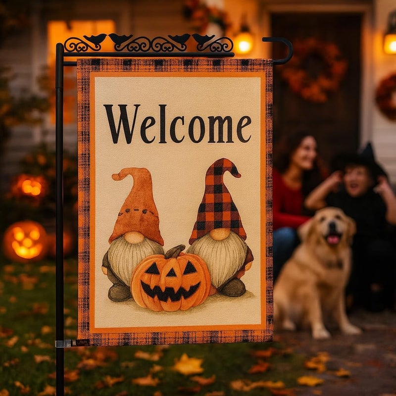 KarvePro Welcome Halloween Garden Flag with Gnome and Pumpkin – 12x18 Double Sided Burlap Halloween Flag for Outside – Fall Yard Decor for Garden or Porch - Image 2